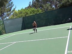 Big titted babe, Cherie Deville is playing tennis while her boyfriend is watching her in action