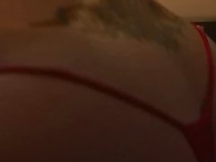 Horny babe in red panties is getting fucked in front of the camera, for some cash