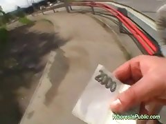 Busty brunette in gray shirt is satisfying a stranger because she needs a lot of money