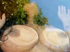 Gorgeous brunette with big milk jugs, Tera Patrick is pressing her nude body against the window