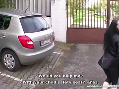 Good looking girl is having sex with her neighbor on the stairs, in front of her apartment