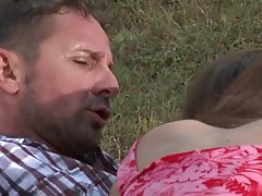 A horny guy and his naughty girlfriend are fucking for the first time, in the forest