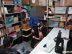 Small titted babe is kneeling on the floor and sucking a rock hard meat stick