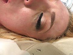 Blue- eyed blonde, Dahlia Sky is kneeling on the floor and sucking her lover's cock