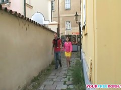 Vulgar brunette is rubbing her soft slit, while sucking her boyfriend’s fat, greasy dick, outdoors