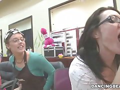 Naughty women in a hair salon are taking turns sucking a huge, black dick, just for fun