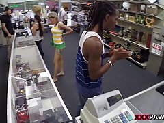 Nasty guy is fucking a slutty chick in his shop while his friend is watching