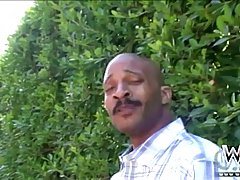 Bald, black guy got a blowjob on the stairs and came on his woman's face